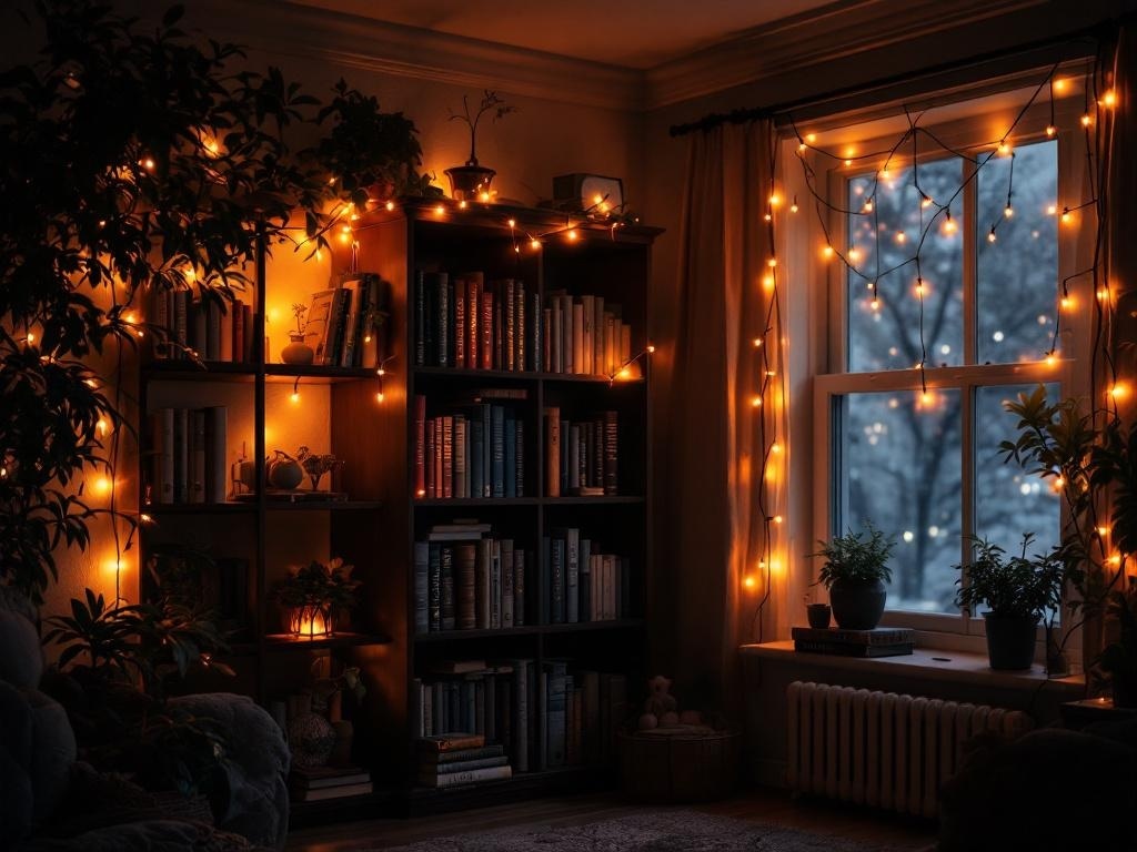 A cozy room with string lights illuminating bookshelves and plants, creating a warm atmosphere.