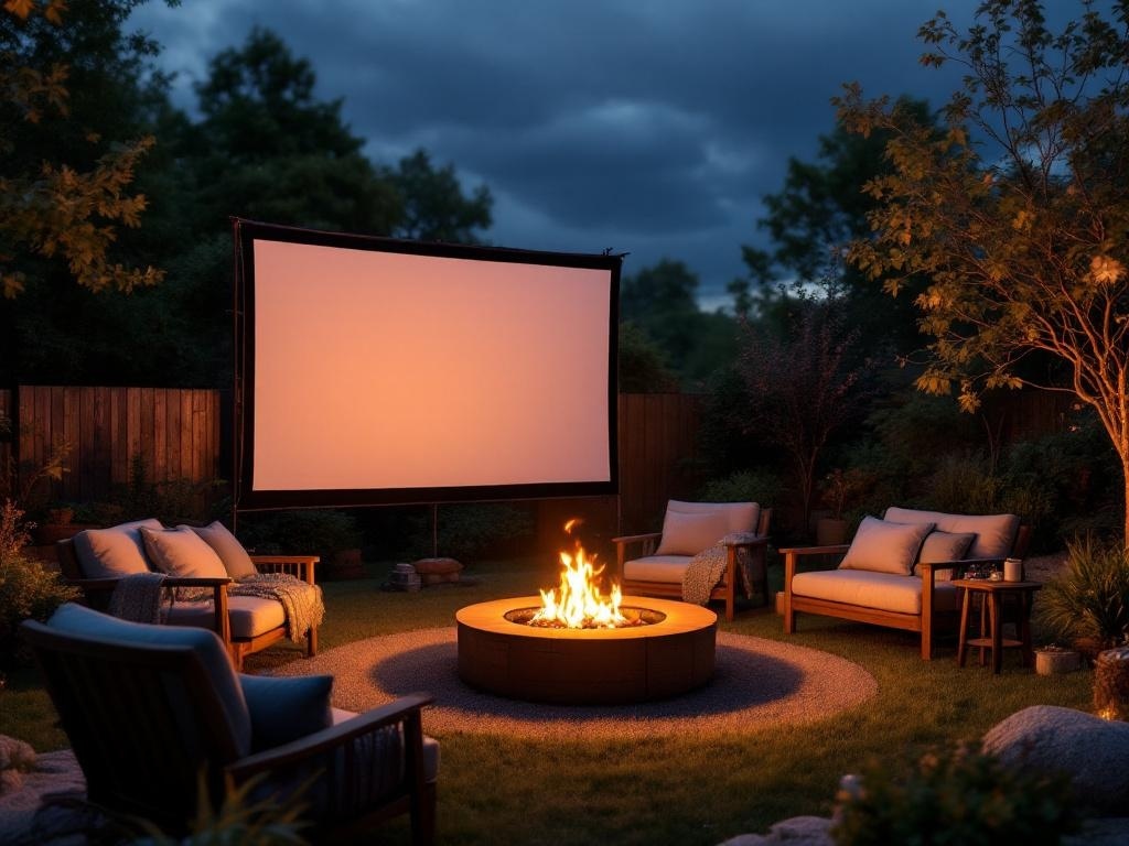 Outdoor movie setup featuring a firepit and cozy seating.