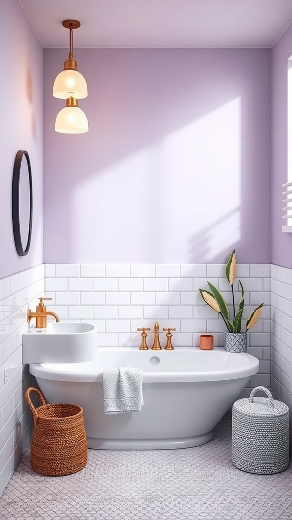 A bathroom featuring lavender walls, white tiles, a stylish bathtub, and warm golden fixtures.
