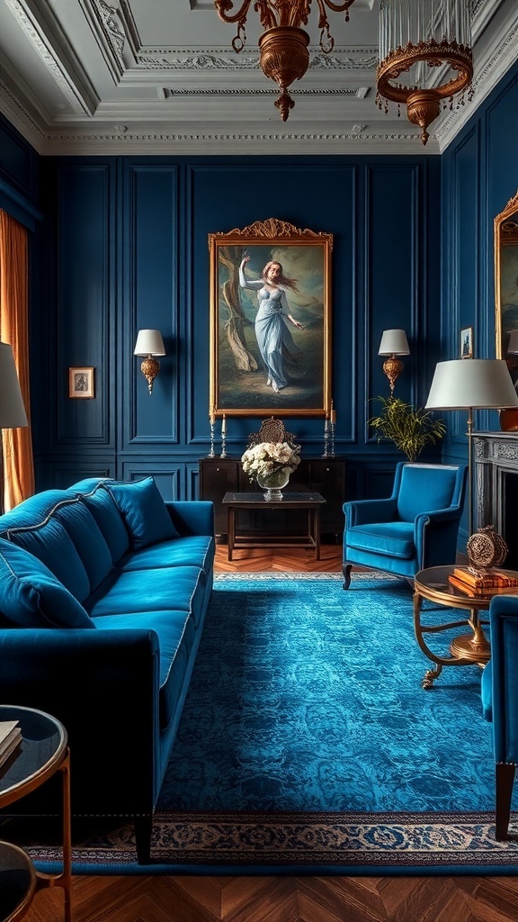 A luxurious living room featuring blue velvet upholstery with matching chairs and a rich blue wall, accented by gold decor.