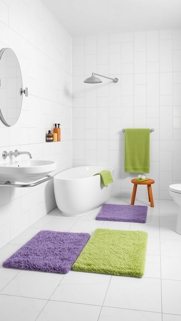 A modern bathroom featuring green and purple bath mats on white tiled floor.