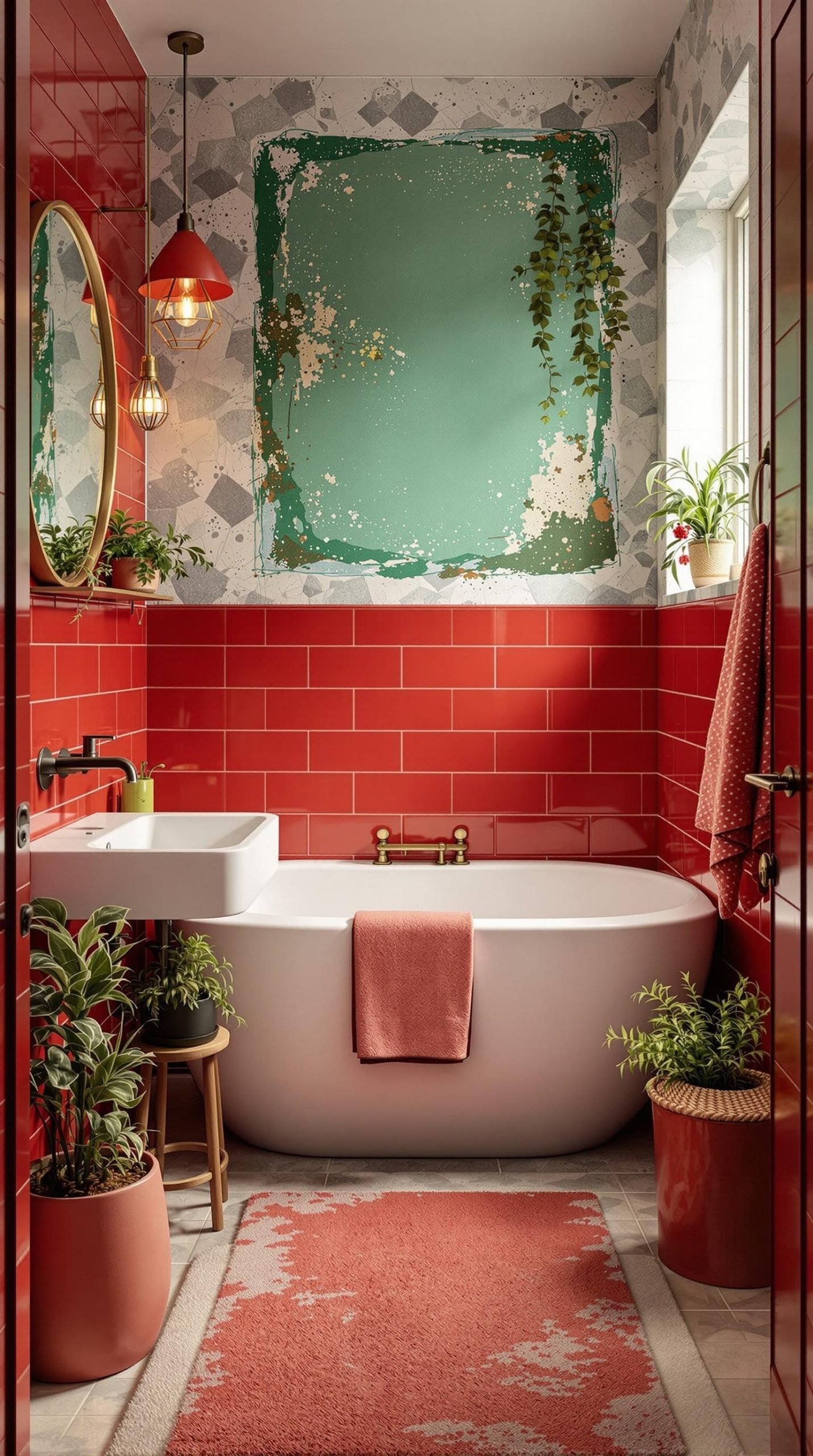 A vibrant bathroom featuring red tiles, green accents, and various textures.