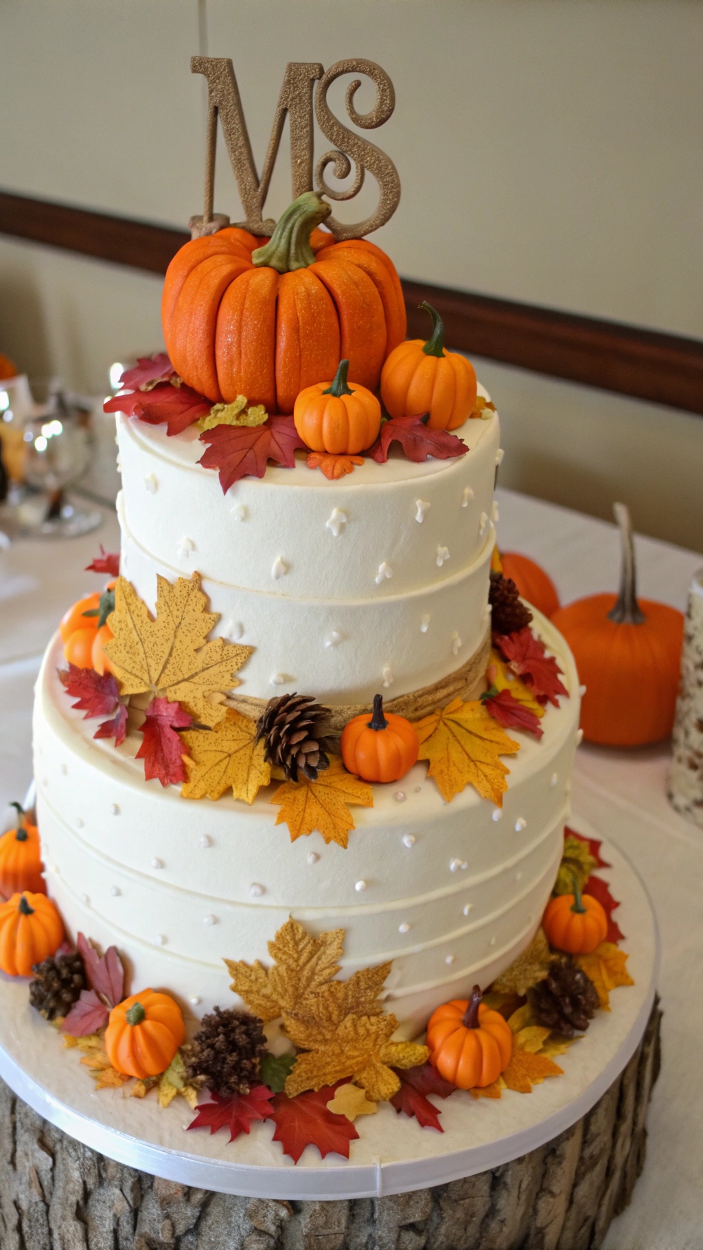 A three-tiered wedding cake decorated with pumpkins, leaves, and a monogram topper.
