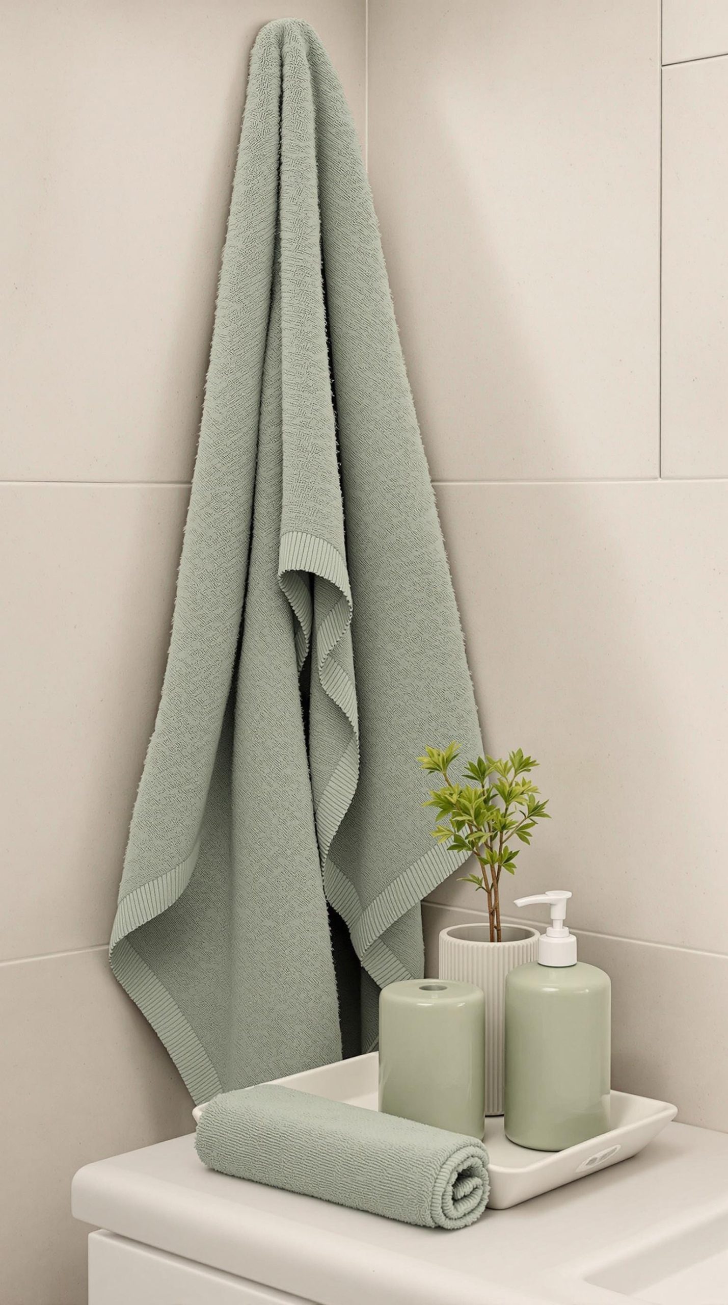 A modern bathroom featuring sage green accessories including soap dispensers, a towel, and a tray.