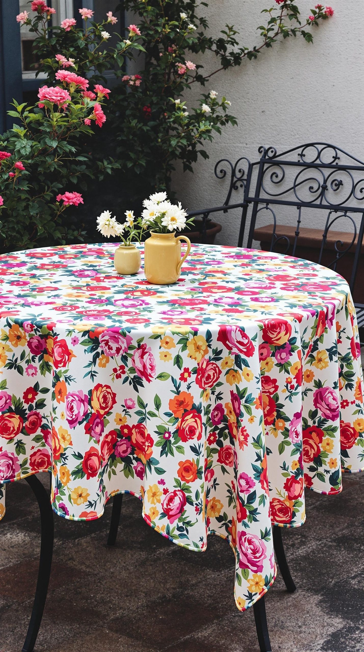 A colorful floral tablecloth on a round table with flowers and a yellow pitcher.