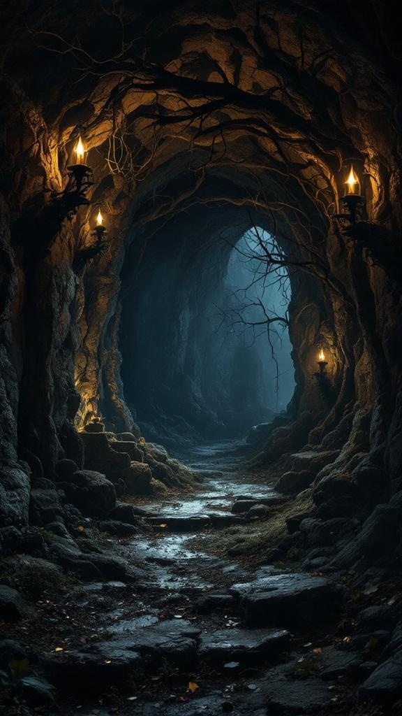 A dimly lit cave-like space with flickering candles and a mystical atmosphere.