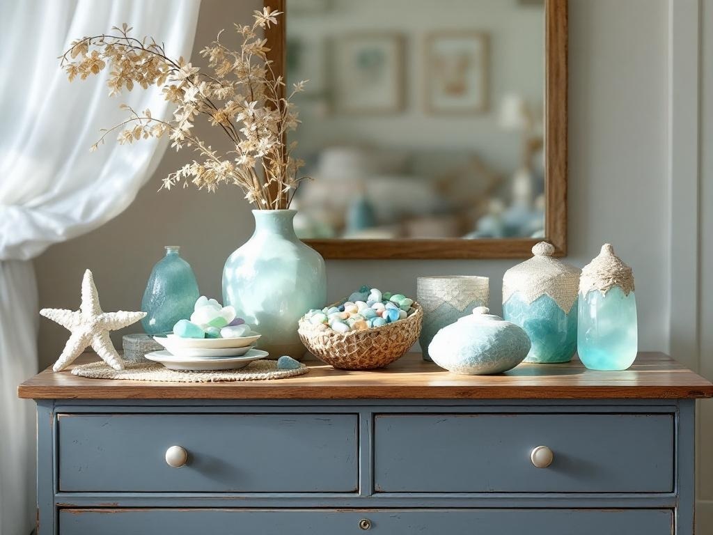 A collection of seaglass decorative pieces on a dresser, including vases, bowls, and a starfish.