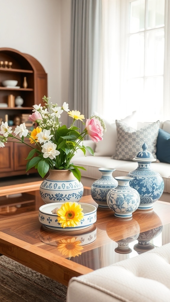 A cozy living room featuring blue and white ceramic vases and a flower arrangement on a wooden coffee table.