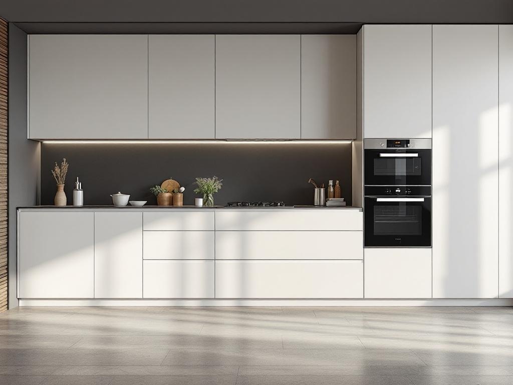 A modern Japandi style kitchen featuring integrated appliances and a minimalist design.