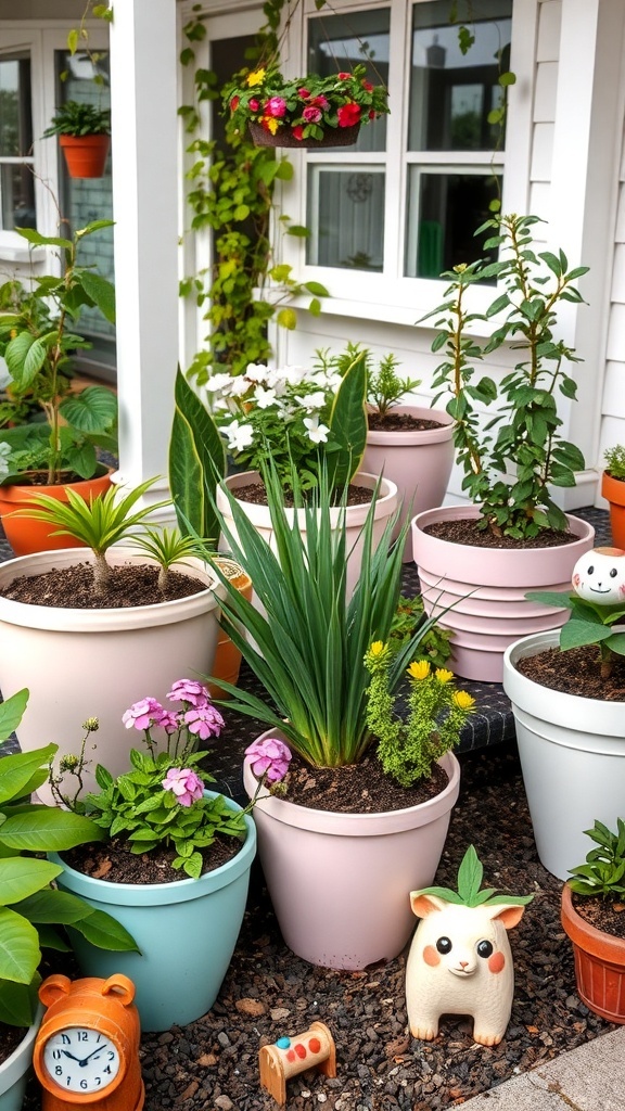 A kawaii garden with pastel-colored pots, vibrant flowers, and cute animal figurines.