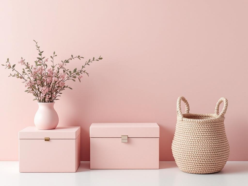 Stylish storage solutions in light pink decor featuring boxes and a woven basket