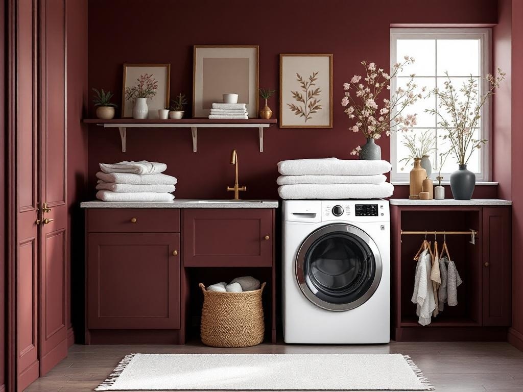 Stylish laundry room with burgundy walls, white countertop, stacked towels, and floral decor.