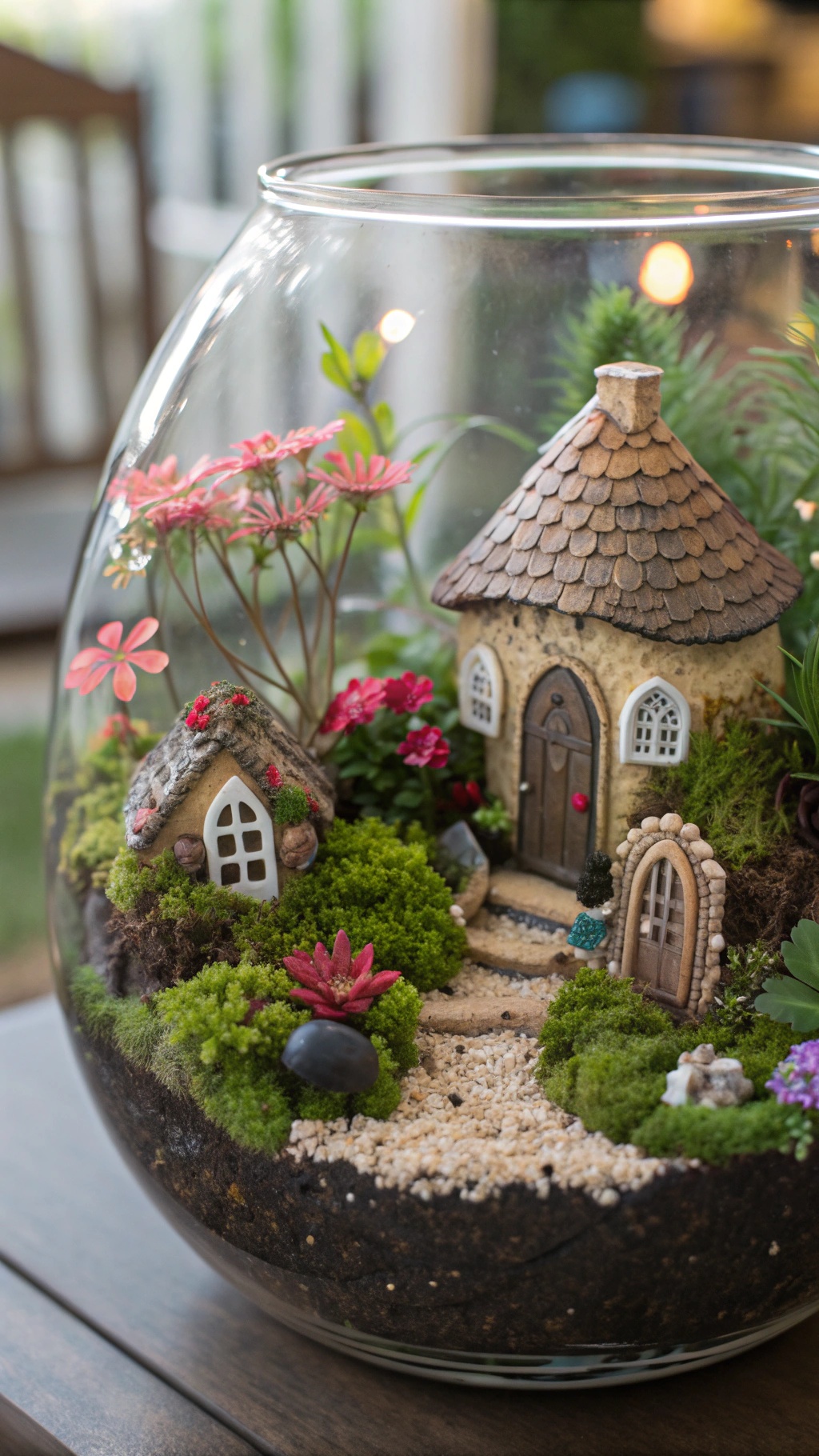 A beautifully arranged terrarium featuring miniature houses, vibrant flowers, and lush greenery, creating a fairy garden retreat.
