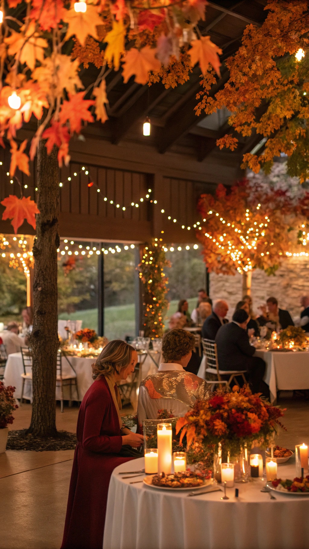 A beautifully decorated wedding venue with warm lighting, featuring string lights and candles, surrounded by fall foliage.