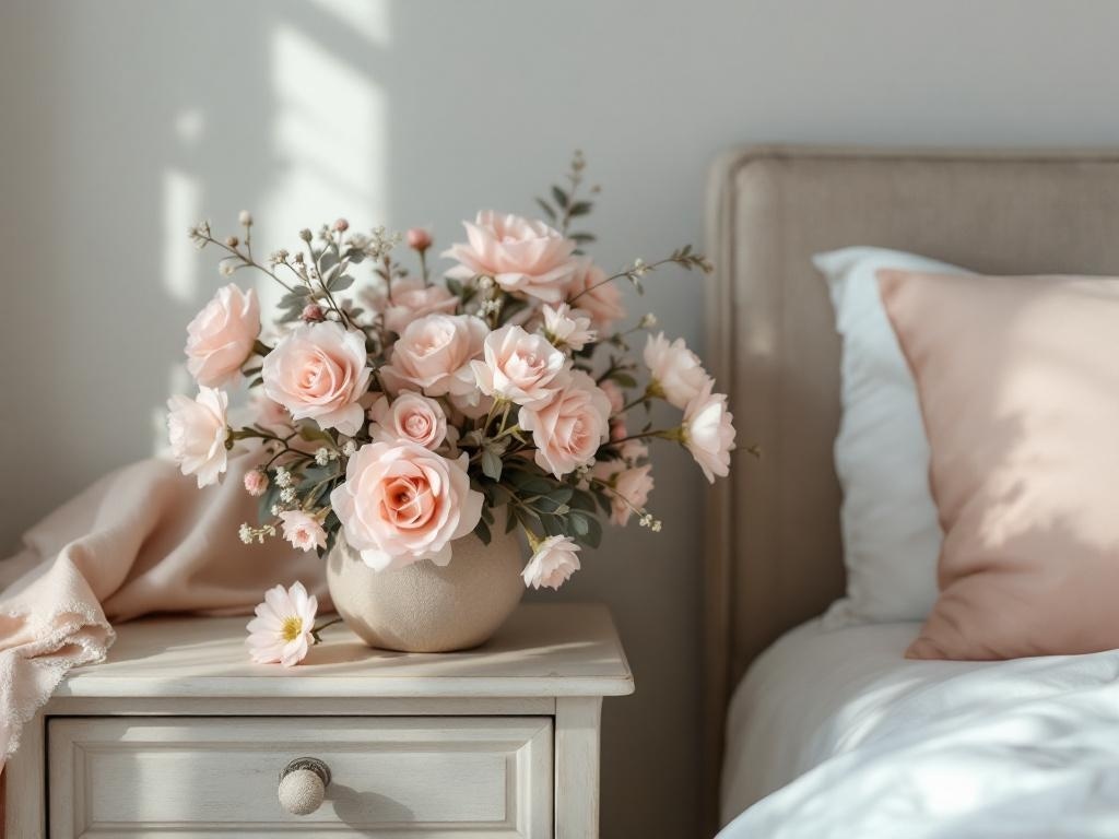 A light pink floral arrangement on a bedside table next to a cozy bed.