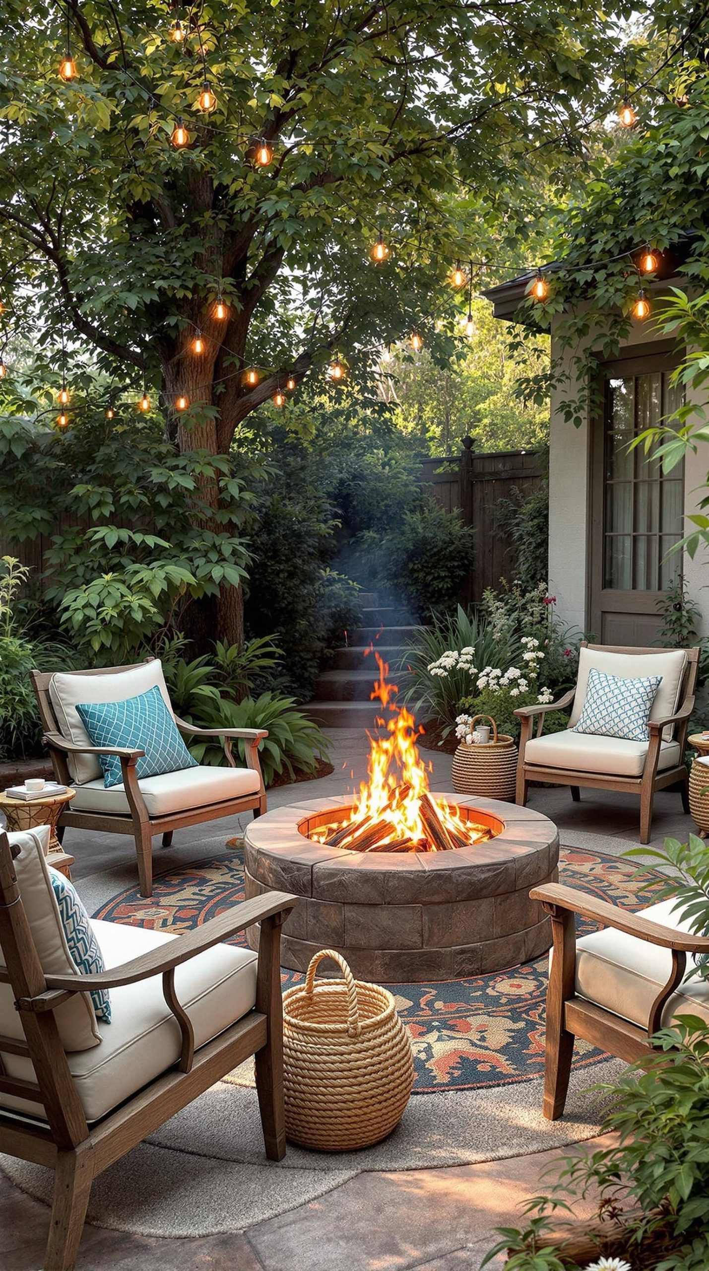 A cozy rustic fire pit area with wooden chairs, a stone fire pit, and string lights hanging from trees.