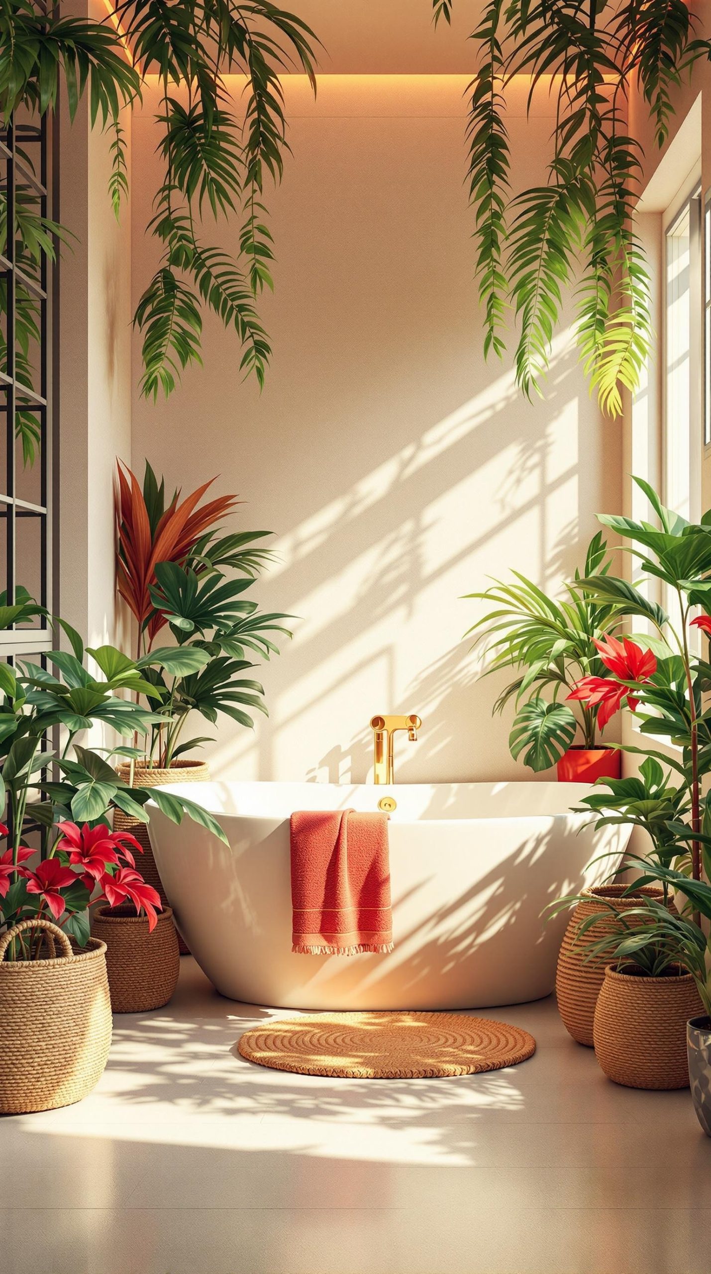 A modern bathroom with a white bathtub surrounded by green plants and red flowers, illuminated by warm sunlight.