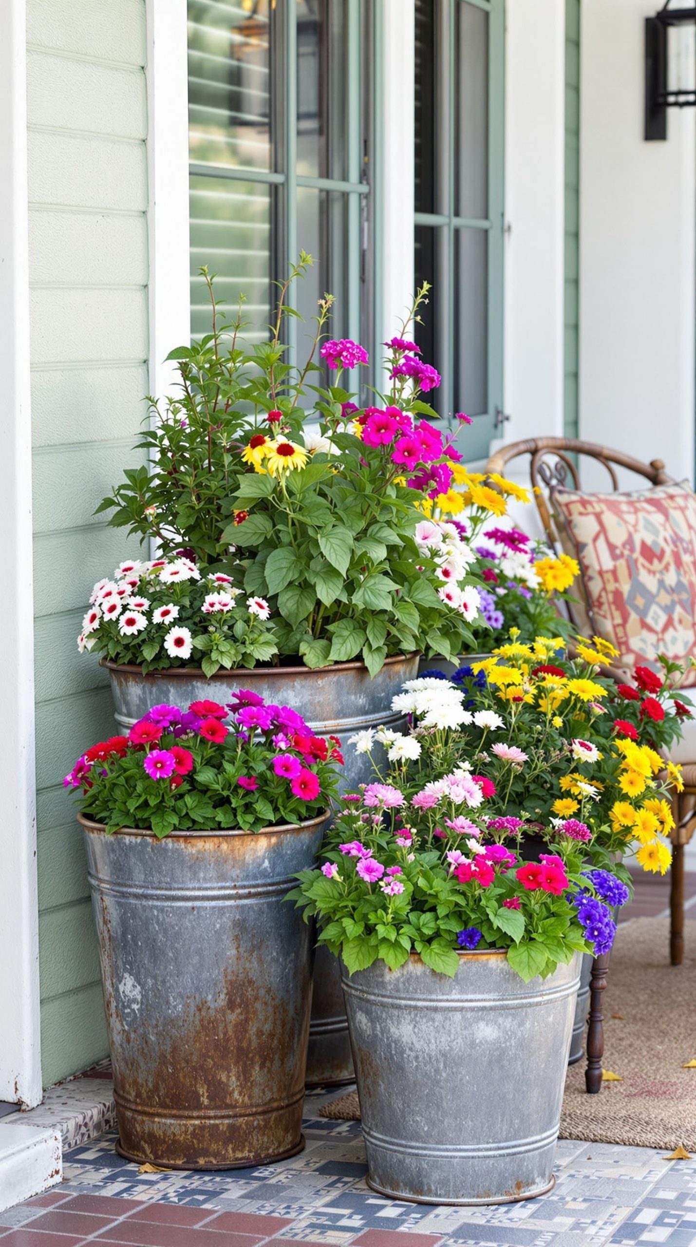 Colorful flowers in vintage metal planters on a patio