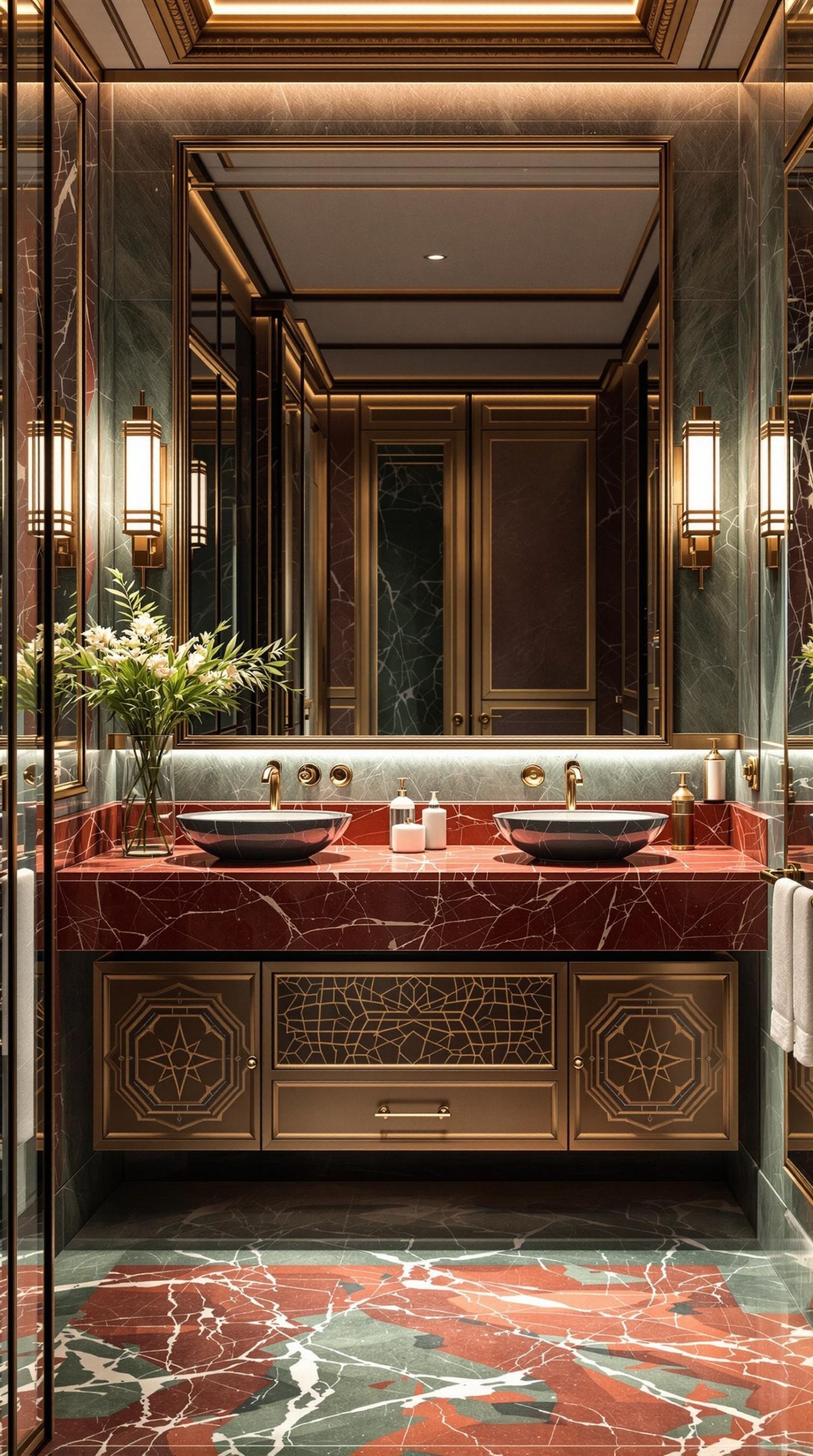 Luxurious bathroom featuring red and green marble with gold accents and plants.