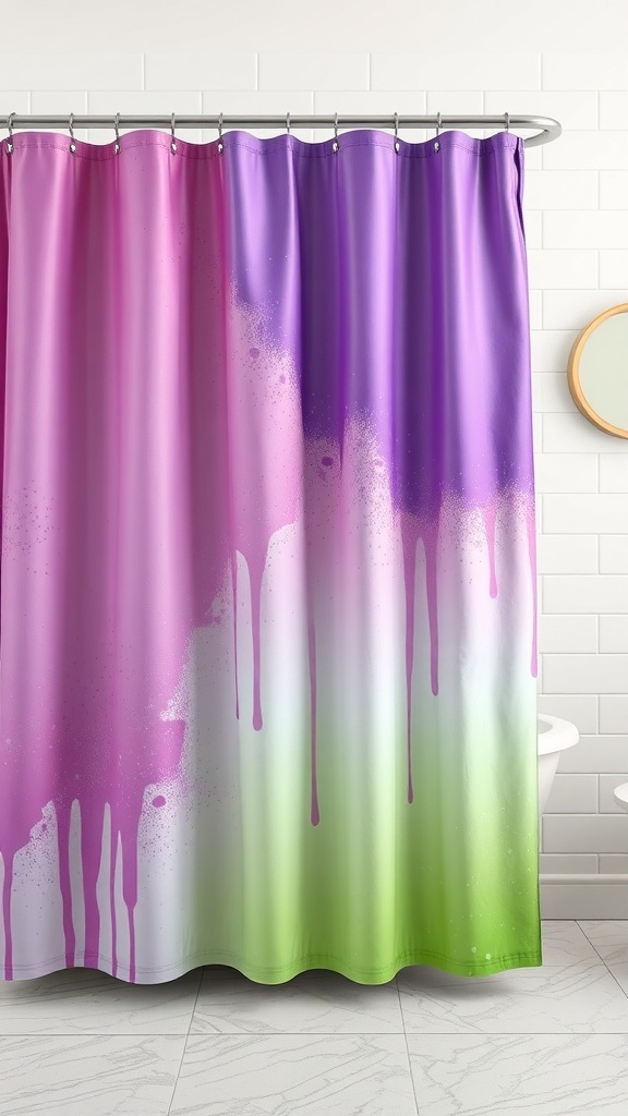 A vibrant purple and green shower curtain with a gradient design and drips.