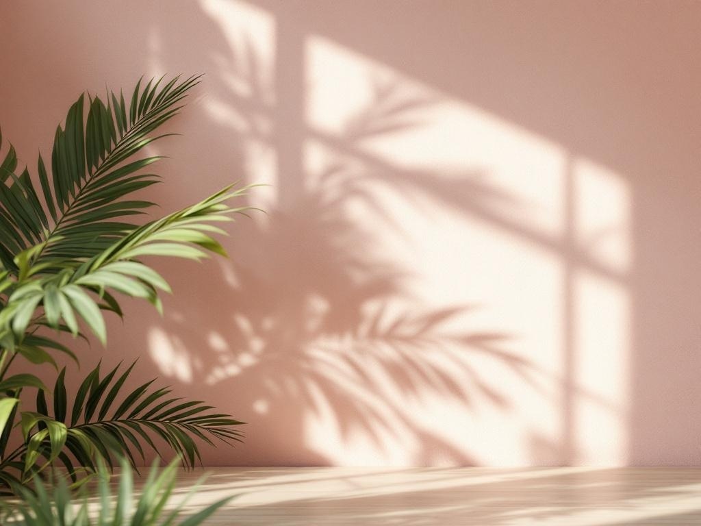 Light pink textured wallpaper with shadows from a green plant.