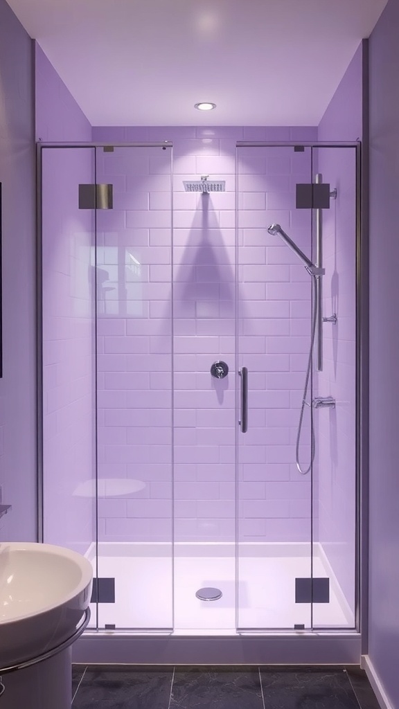 A modern shower with lilac tiles and glass enclosure, featuring sleek fixtures.