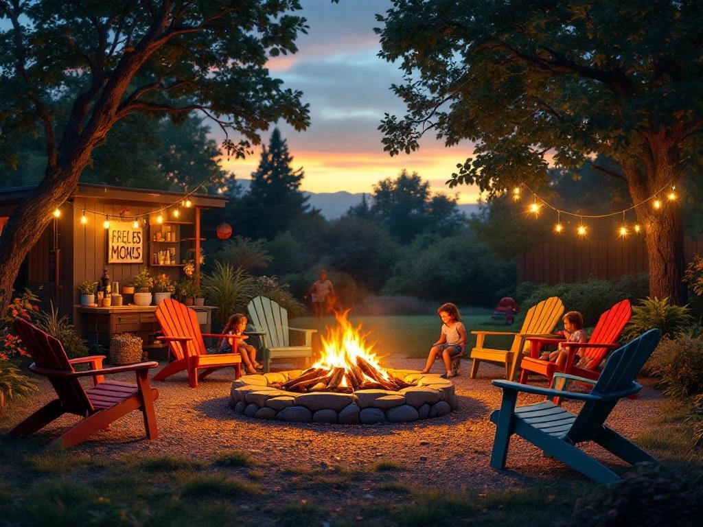 A family-friendly firepit area with colorful chairs, children enjoying the fire, and a cozy atmosphere.