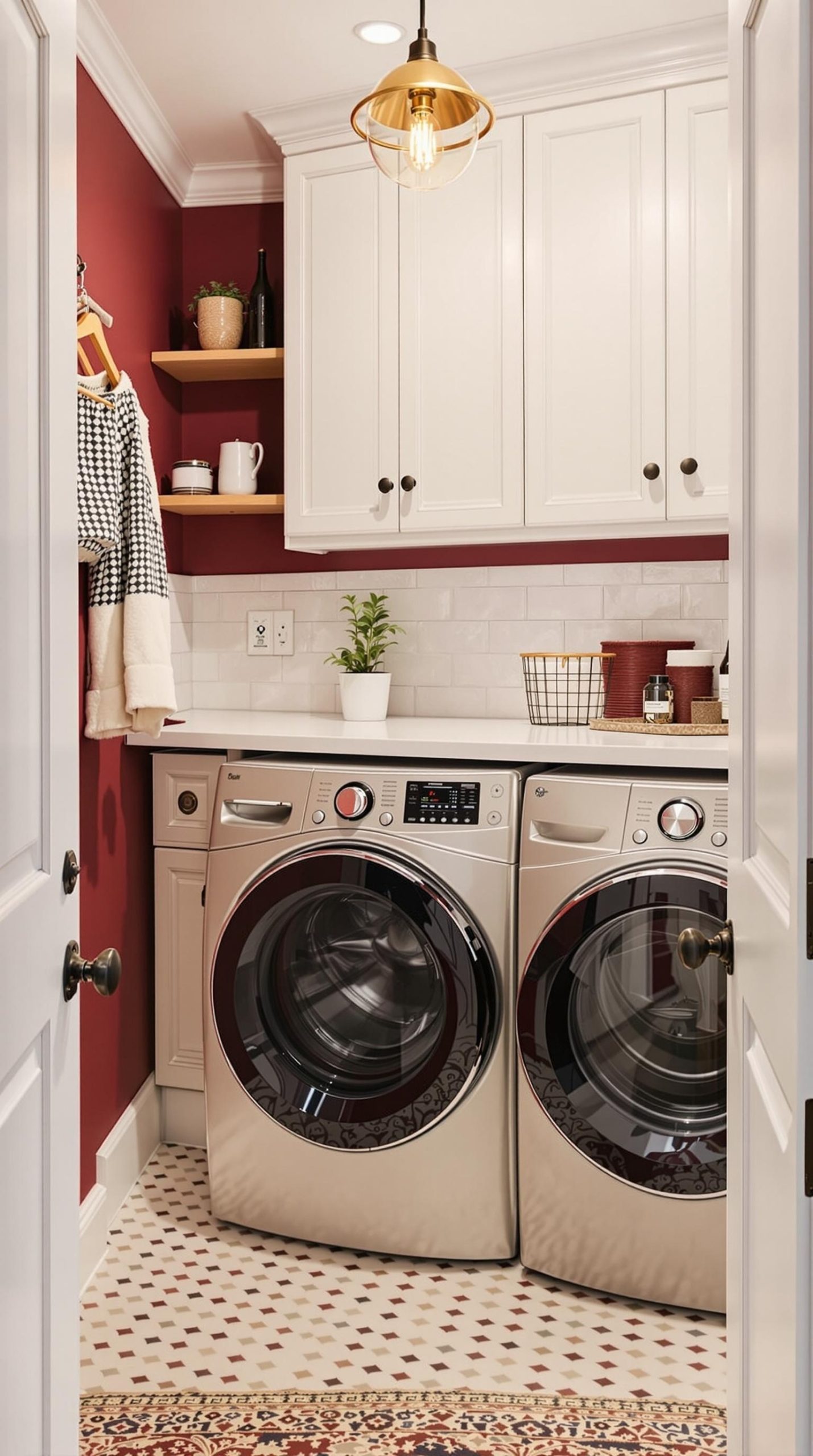 A stylish laundry room featuring a chandelier and wall sconces, with burgundy walls and large windows.