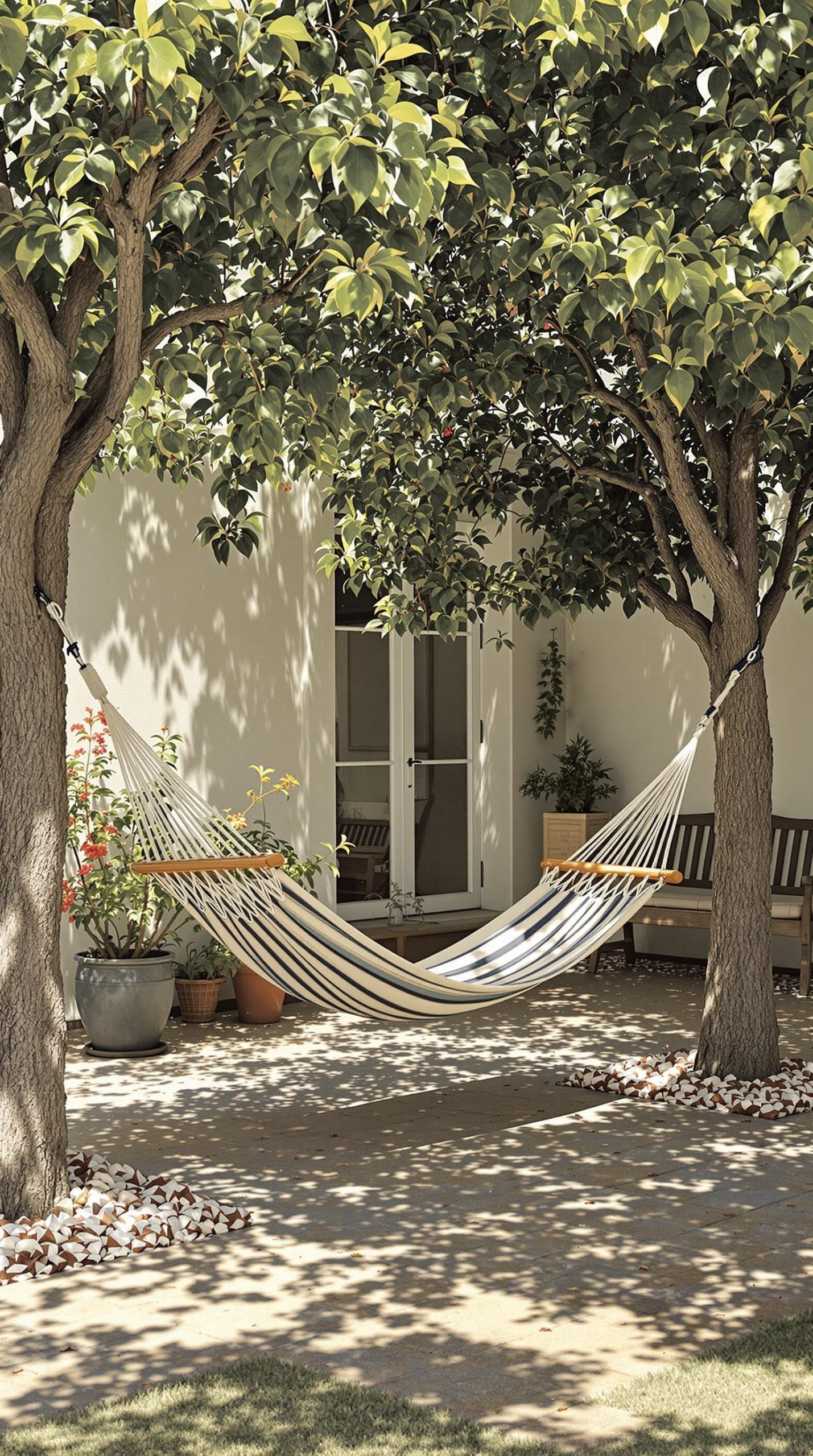 A cozy hammock setup between two trees with a patio and plants in the background.