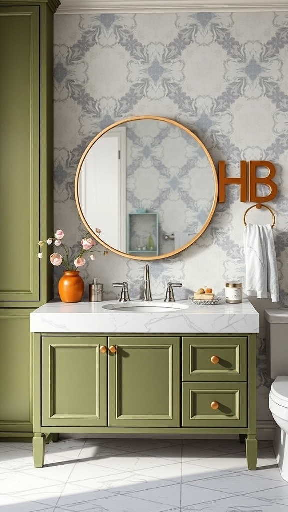 Olive green vanity unit with a white countertop and round mirror in a stylish bathroom setting.