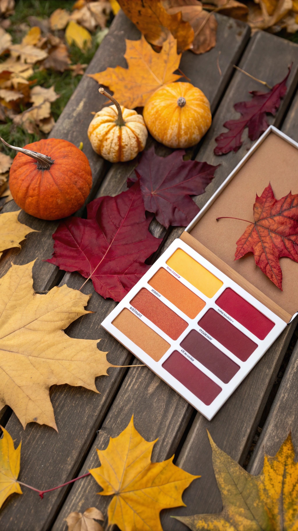 A color palette featuring warm autumn shades surrounded by pumpkins and fall leaves.