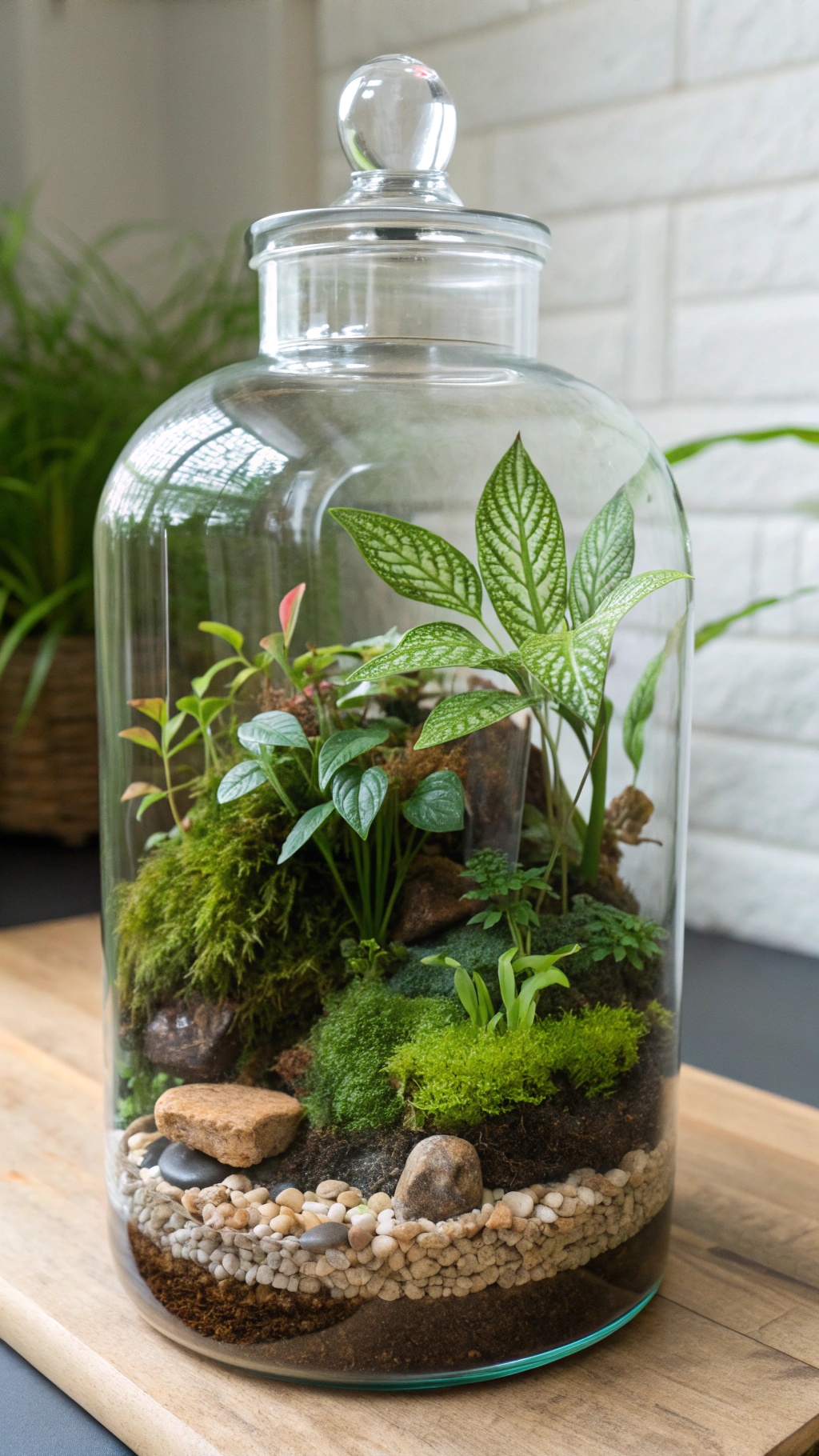 A glass terrarium filled with various green plants and moss.