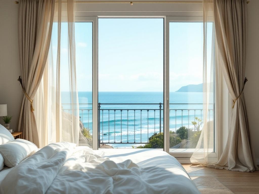 A coastal bedroom with light curtains and a view of the ocean.