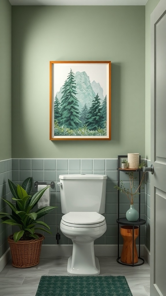 Bathroom with forest green wall art featuring trees and mountains, complemented by a plant and modern decor.