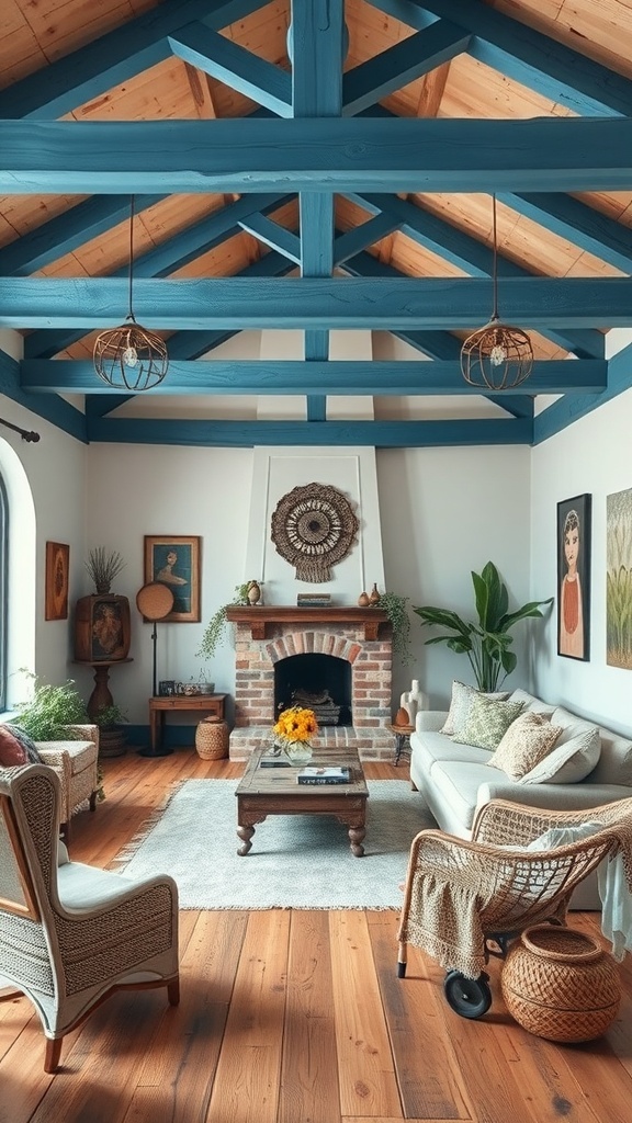 A cozy living room with rustic blue beams, a brick fireplace, and boho decor.