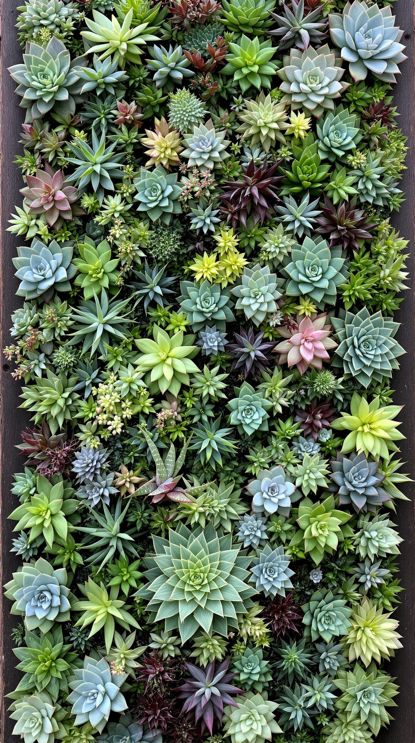 A vibrant wall art display featuring various succulents in different shapes and colors.