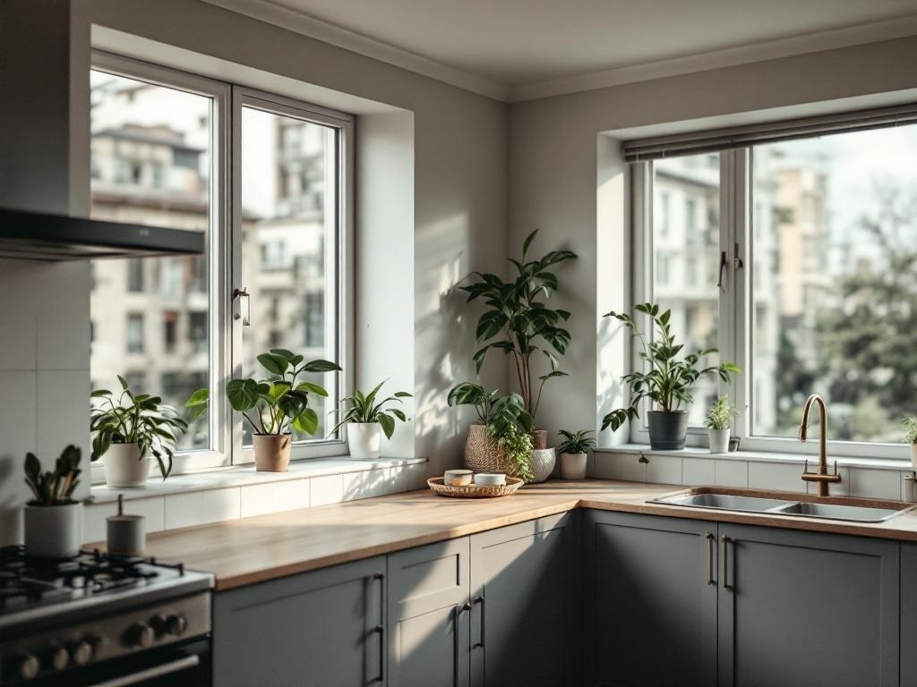 A modern kitchen with large windows, featuring various indoor plants on the countertop and window sills, creating a fresh and inviting atmosphere.