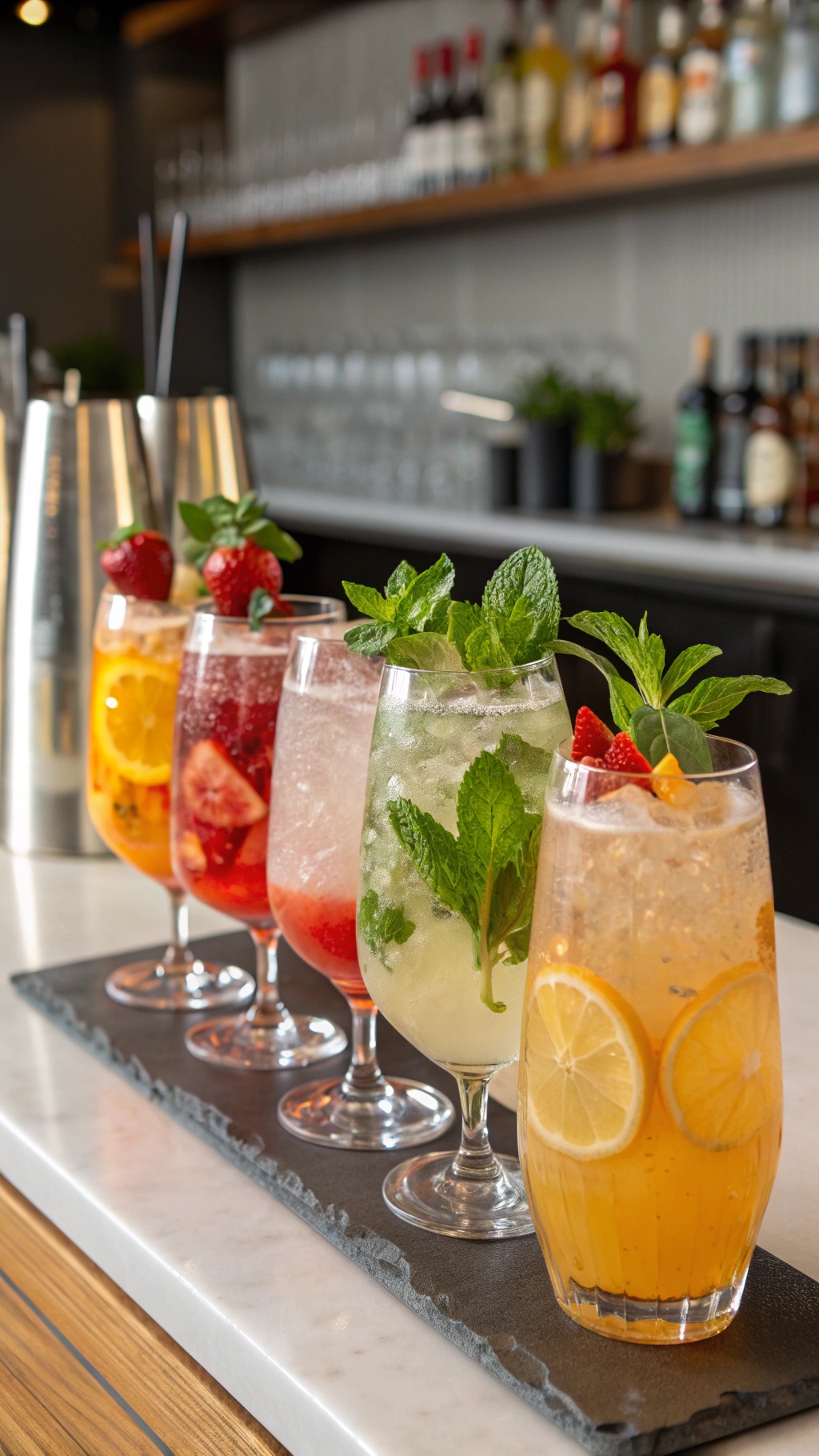 A variety of colorful cocktails garnished with fruits and herbs.
