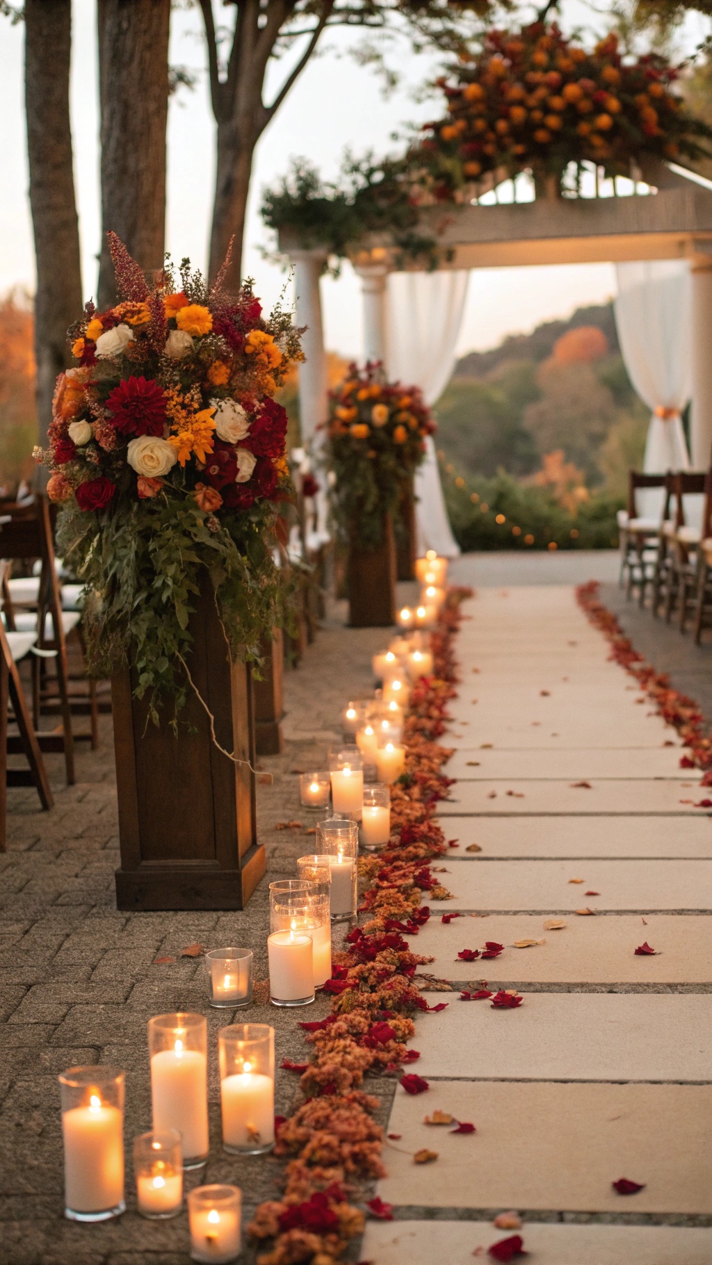 Candlelit ceremony aisle decorated with flowers and candles