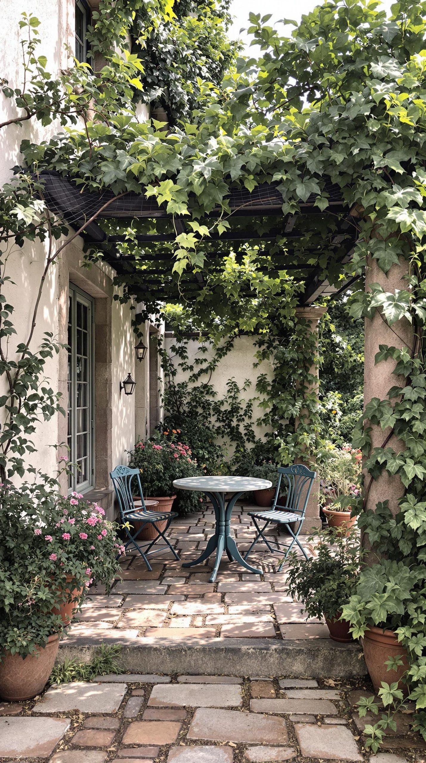 A charming outdoor patio with a pergola covered in greenery, featuring a small table and chairs surrounded by potted plants.