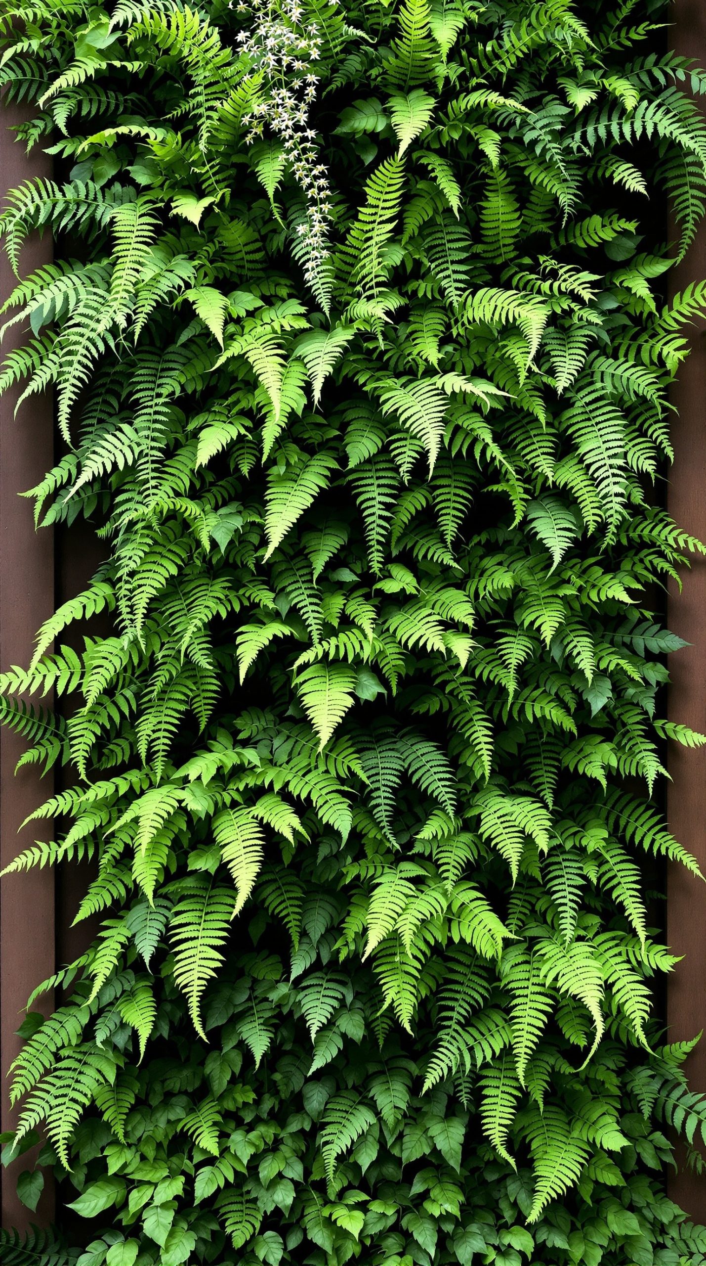 Vertical garden featuring lush variegated ferns
