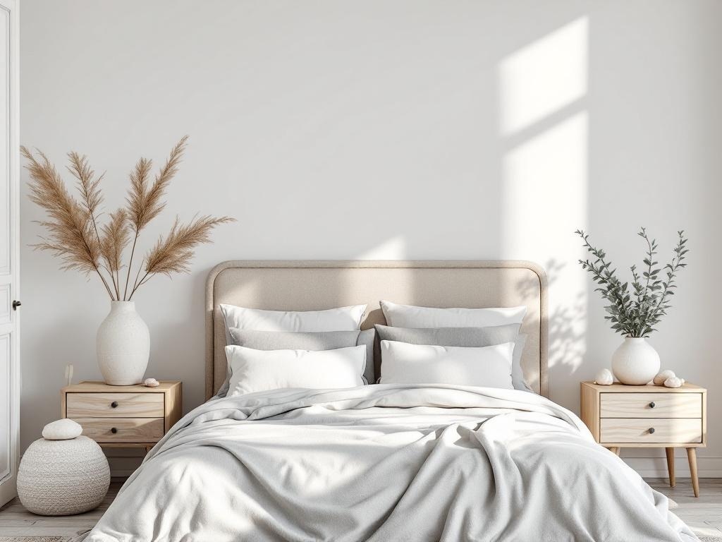 A cozy coastal bedroom with neutral tones, featuring a plush bed, decorative plants, and soft textures.
