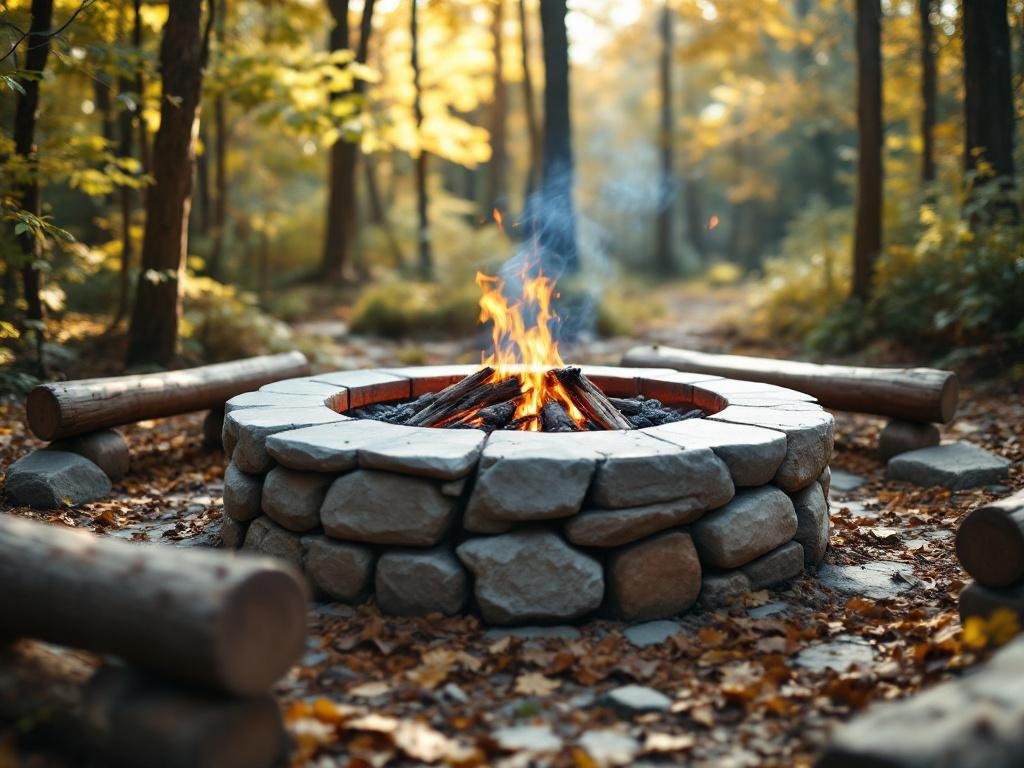 A rustic firepit made of stones with logs for seating, surrounded by trees and autumn leaves.