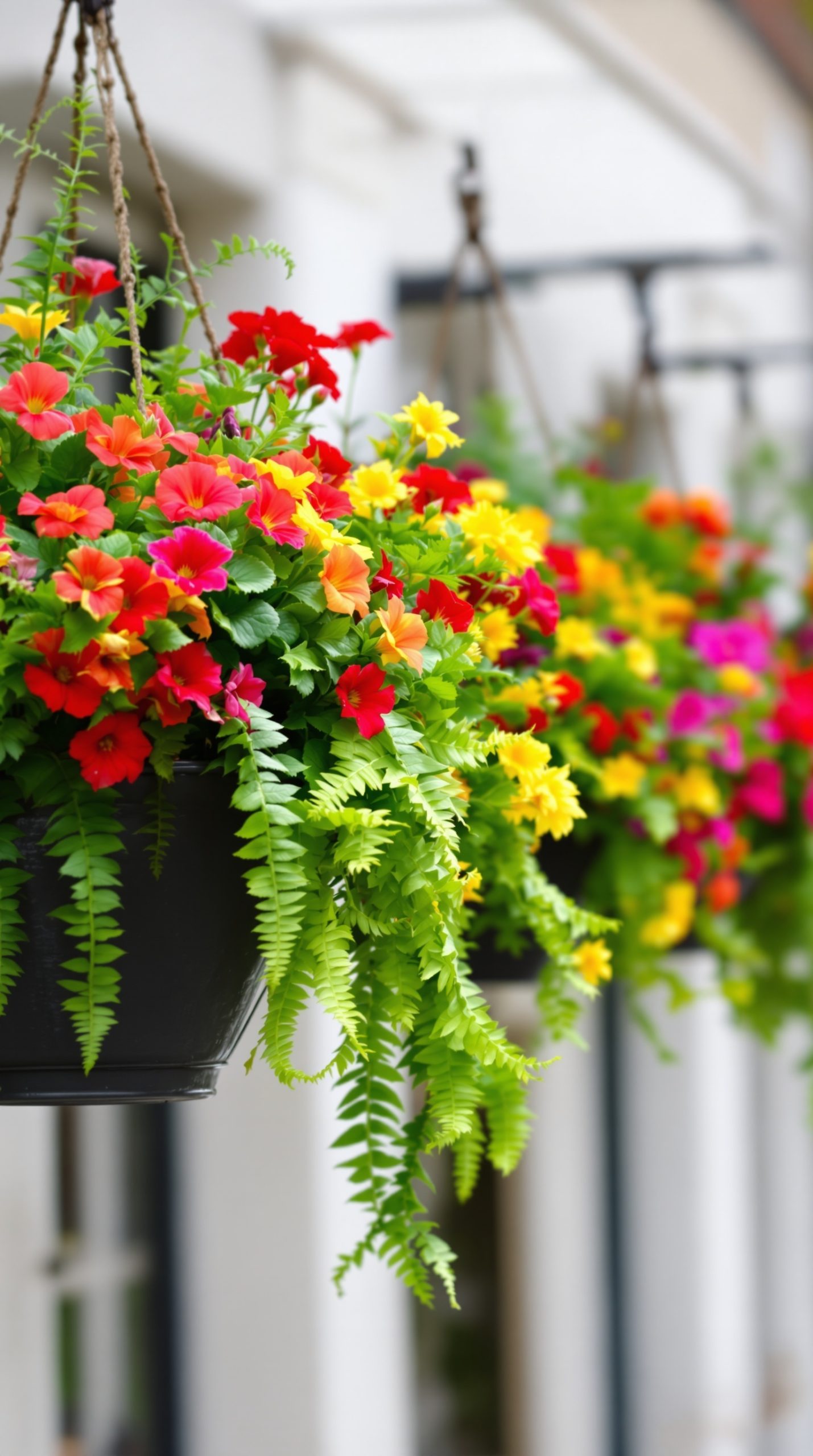 Hanging baskets filled with colorful flowers and ferns