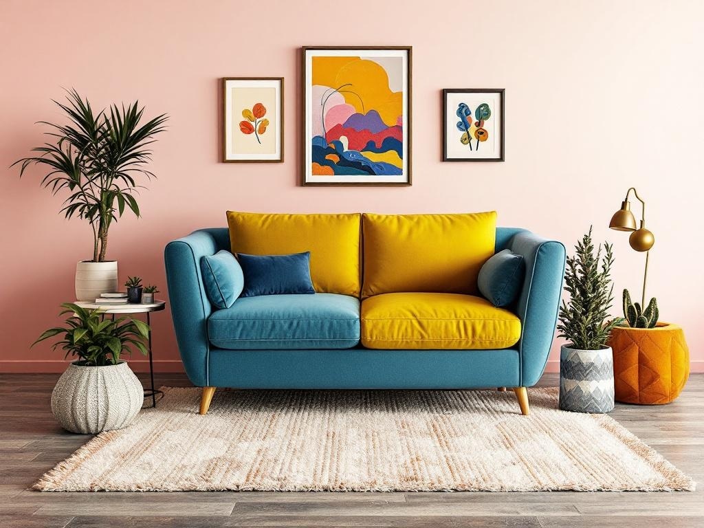 A vibrant blue and yellow sofa against a pink wall, surrounded by plants and framed art.