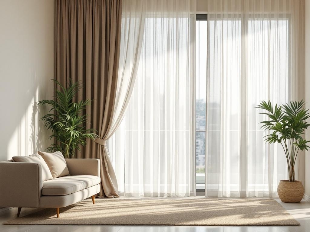 A living room featuring sheer curtains layered with solid drapes, a cozy sofa, and indoor plants.