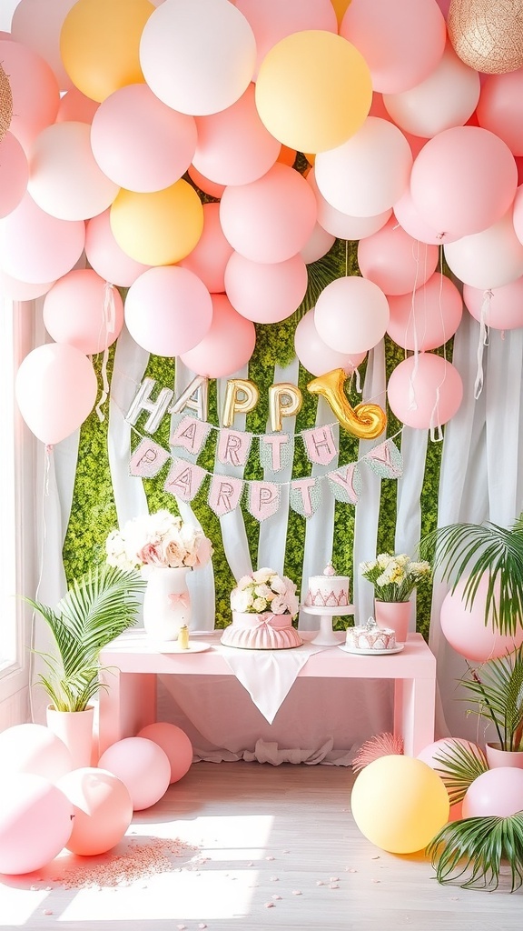 A kawaii themed party setup with pastel balloons, a birthday banner, and a decorated table.