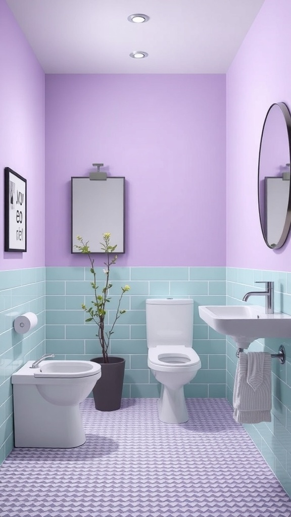 A bathroom featuring mint green tiles and lavender walls, with a white sink and toilet.