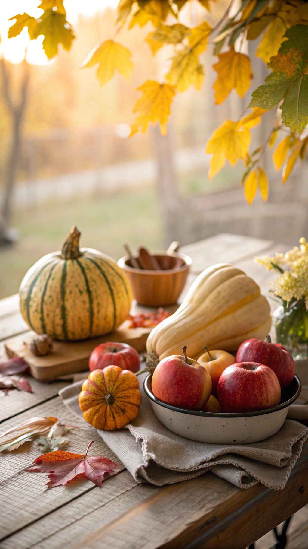A rustic table setting with pumpkins, apples, and autumn leaves, showcasing seasonal ingredients.