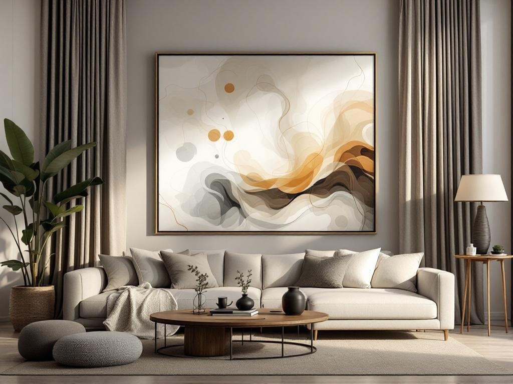 A living room with neutral curtains framing an abstract artwork, featuring a cozy sofa and a round coffee table.